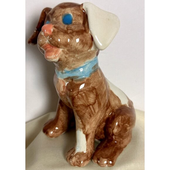 Vintage Ceramic Puppy Dog Figurine Glazed Brown White Ear Blue Eyes - Picture 2 of 6